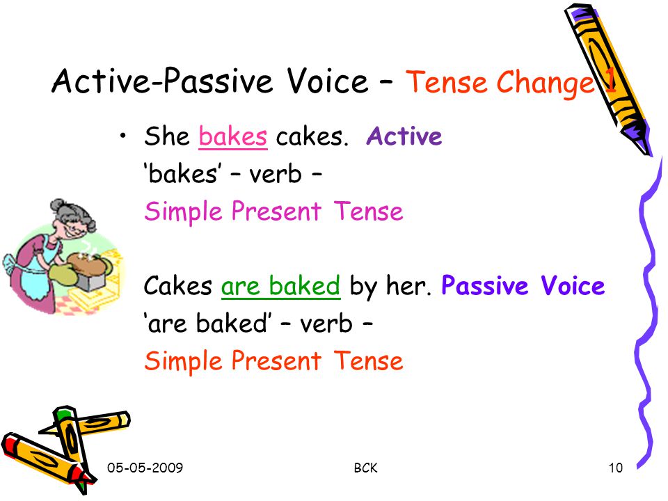BCK9 Active-Passive Voice -- note 3 She has signed ten letters.Active Voice ‘She’ – subject; singular Ten letters h hh have been signed by her.