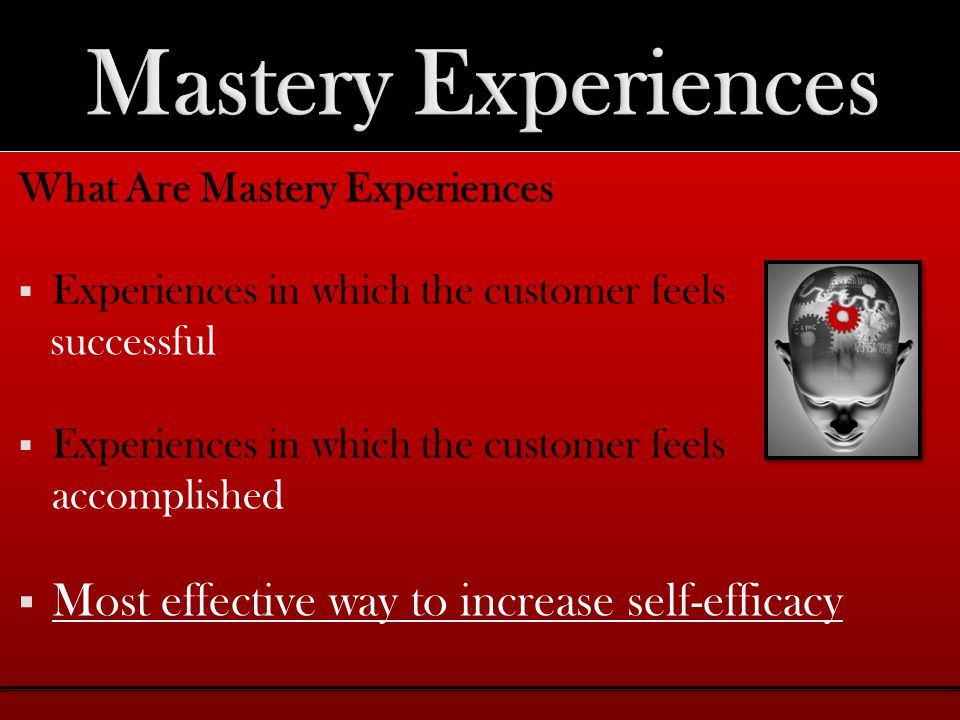 What Are Mastery Experiences  Experiences in which the customer feels successful  Experiences in which the customer feels accomplished  Most effective way to increase self-efficacy