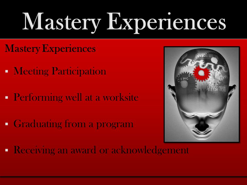 Mastery Experiences  Meeting Participation  Performing well at a worksite  Graduating from a program  Receiving an award or acknowledgement