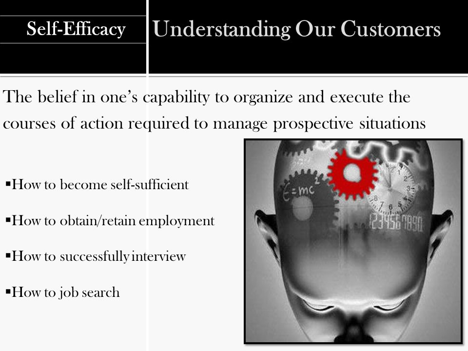 Understanding Our Customers The belief in one’s capability to organize and execute the courses of action required to manage prospective situations Self-Efficacy  How to become self-sufficient  How to obtain/retain employment  How to successfully interview  How to job search