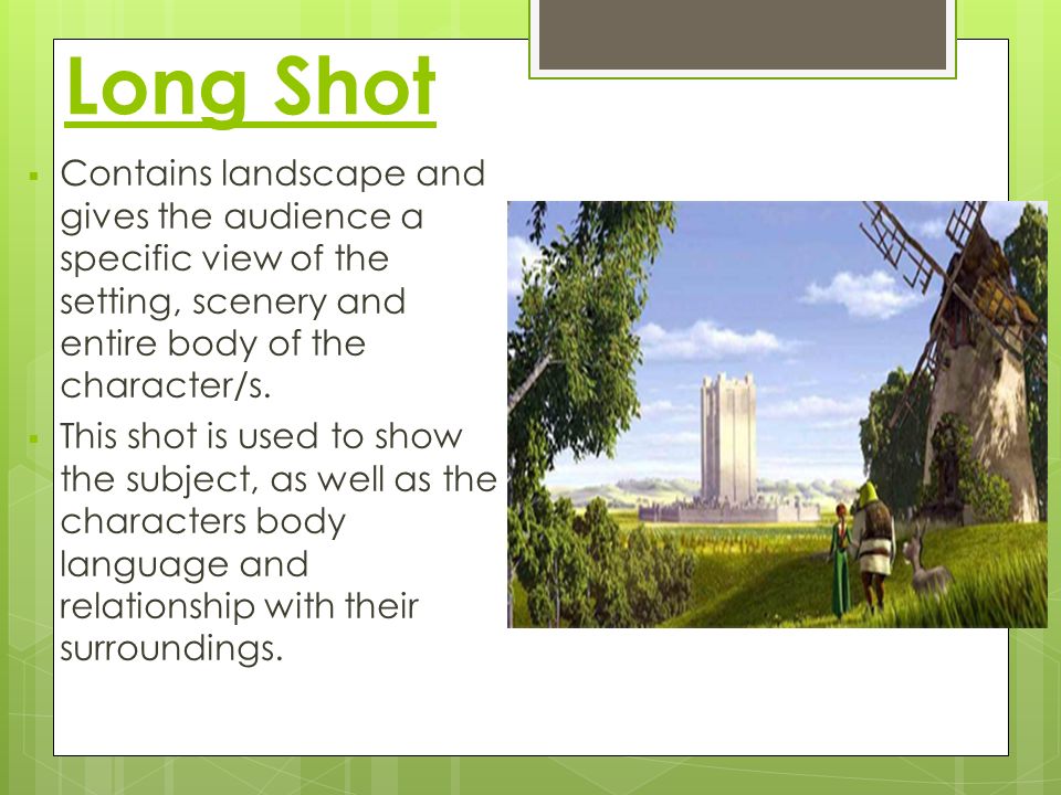 Shrek Film Techniques Long Shot Contains Landscape And Gives The Audience A Specific View Of The Setting Scenery And Entire Body Of The Character S Ppt Download