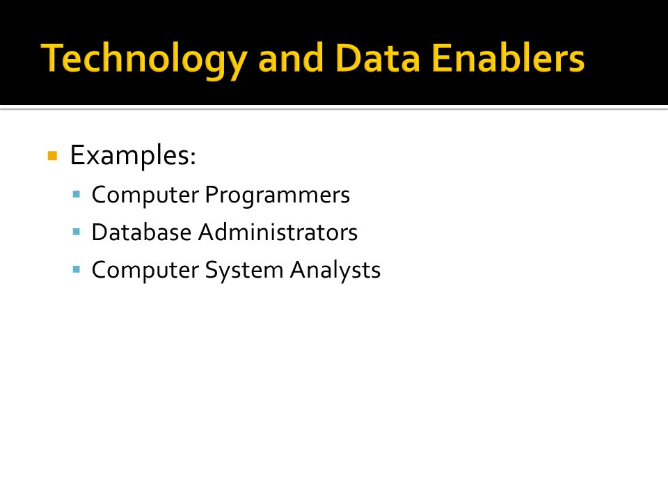  Examples:  Computer Programmers  Database Administrators  Computer System Analysts