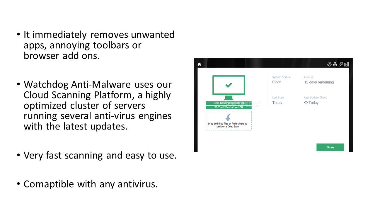 Watchdog Anti malware is reliable application and a multi engine scanner,  which can detect various malicious files, worms, malware and other online  threats. - ppt download